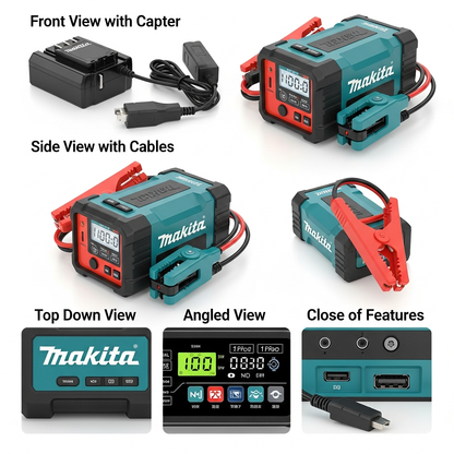 Cargador Convertidor Batería Litio Auto con Pinzas Partidor Jump Starter Makita - Cables Booster Emergencia Ignición DIY Herramienta