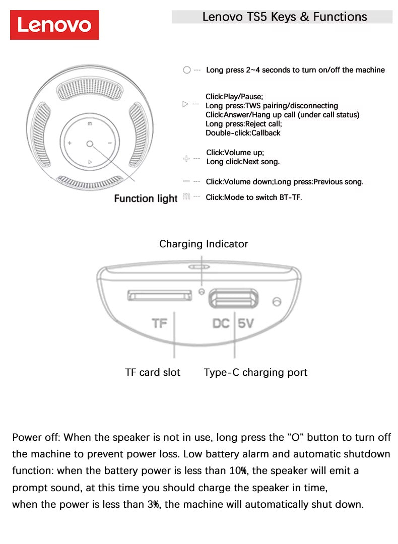 LENOVO TS5 Bocina Bluetooth 5.3 – Subwoofer y Sonido Surround