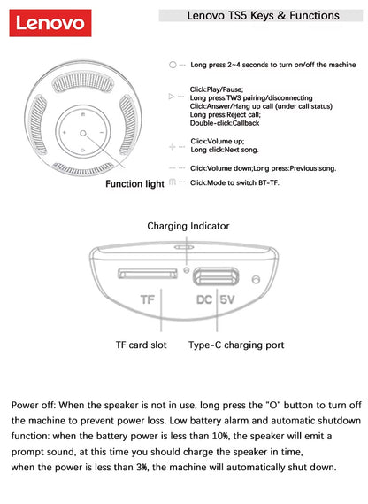 LENOVO TS5 Bocina Bluetooth 5.3 – Subwoofer y Sonido Surround