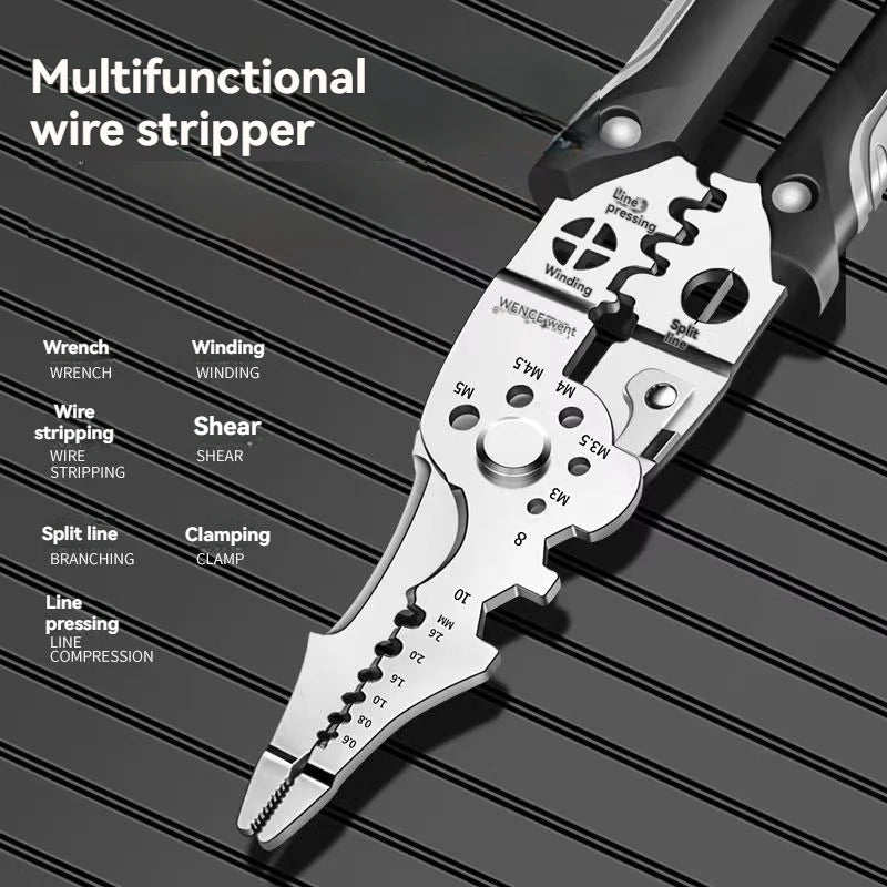 Alicate Multifuncional Industrial 8.5" Descapa Cables, Corta, Crimpa, Acero Inoxidable, Mango Ergonómico