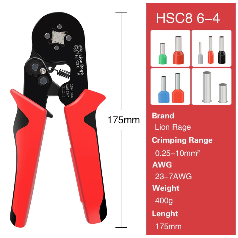 Alicates de Crimpar de Trinquete HSC8 6-4 + 400 Terminales - Diseño Ergonómico, Crimpeo Preciso para Trabajos Eléctricos 0.25-10mm² AWG23-7