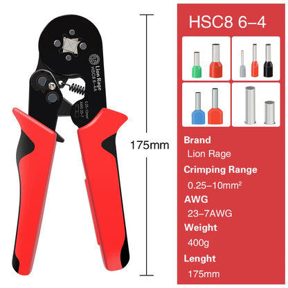 Alicates de Crimpar de Trinquete HSC8 6-4 + 400 Terminales - Diseño Ergonómico, Crimpeo Preciso para Trabajos Eléctricos 0.25-10mm² AWG23-7