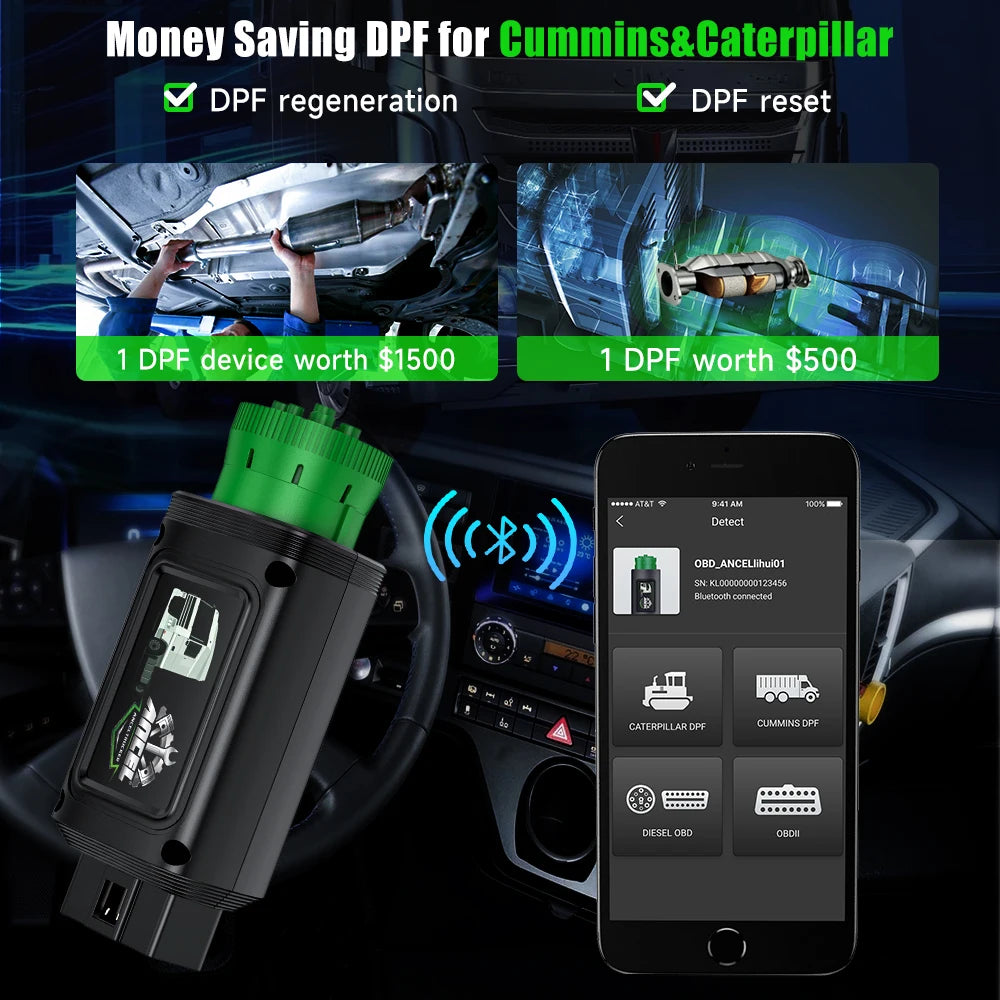 Escáner Camiones ANCEL HD100 Bluetooth Reset DPF Regeneración Forzada Sistemas OBD2 Diésel Cummins Herramienta Diagnóstico Pesado