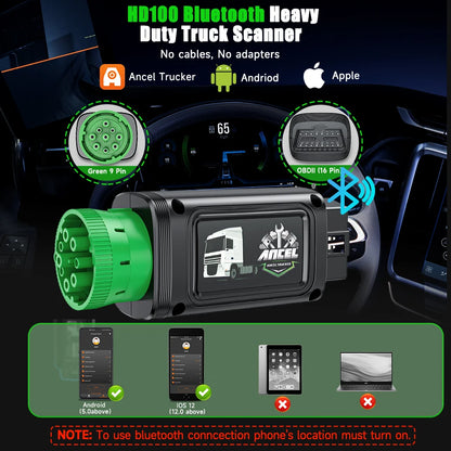 Escáner Camiones ANCEL HD100 Bluetooth Reset DPF Regeneración Forzada Sistemas OBD2 Diésel Cummins Herramienta Diagnóstico Pesado