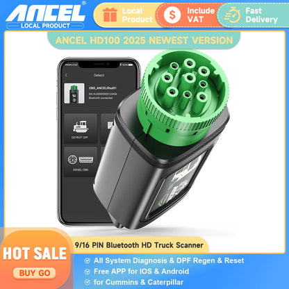 Escáner Camiones ANCEL HD100 Bluetooth Reset DPF Regeneración Forzada Sistemas OBD2 Diésel Cummins Herramienta Diagnóstico Pesado